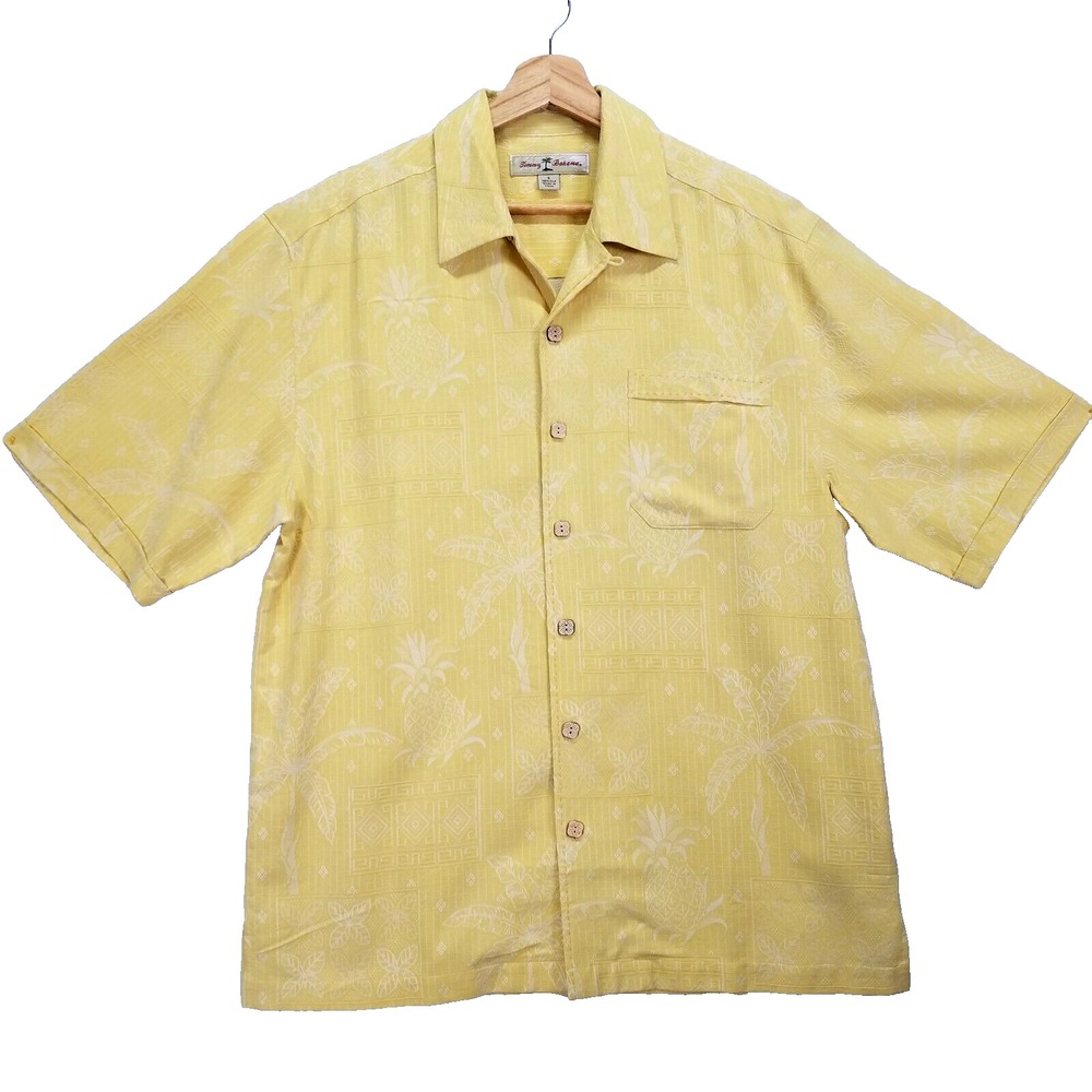 Tommy Bahama Pineapple Print Silk Hawaiian Shirt Men Fits Large Yellow